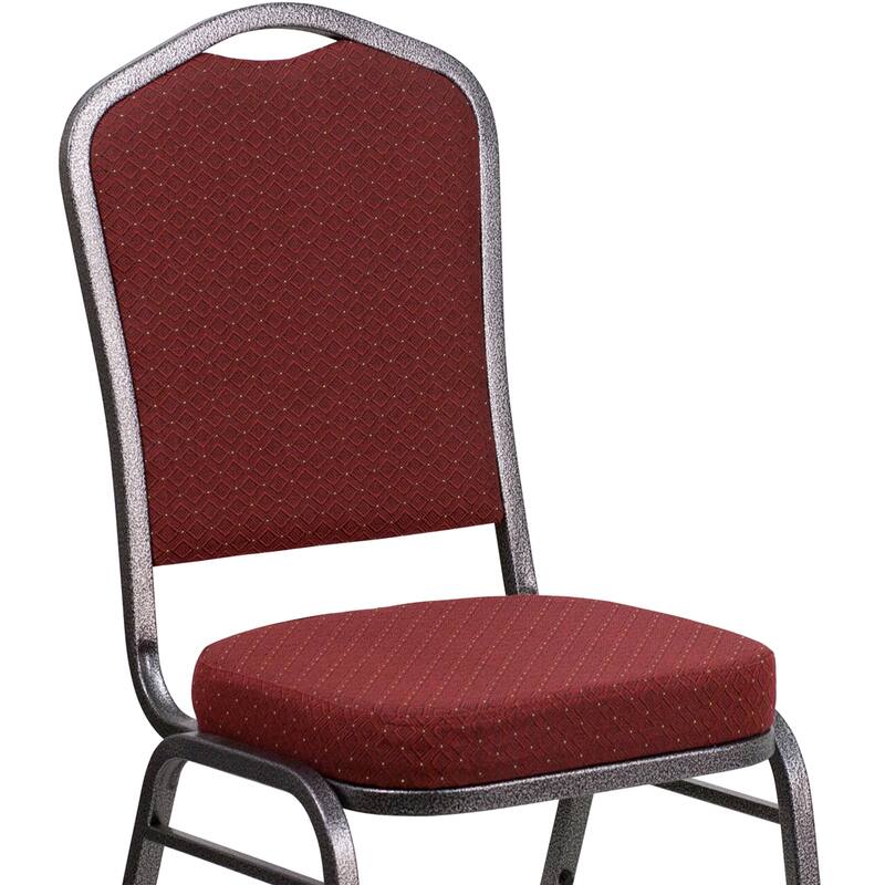 Hercules Series Crown Back Stacking Banquet Chair with Burgundy Patterned Fabric and 2.5-inch Thick Seat and Silver Vein Frame