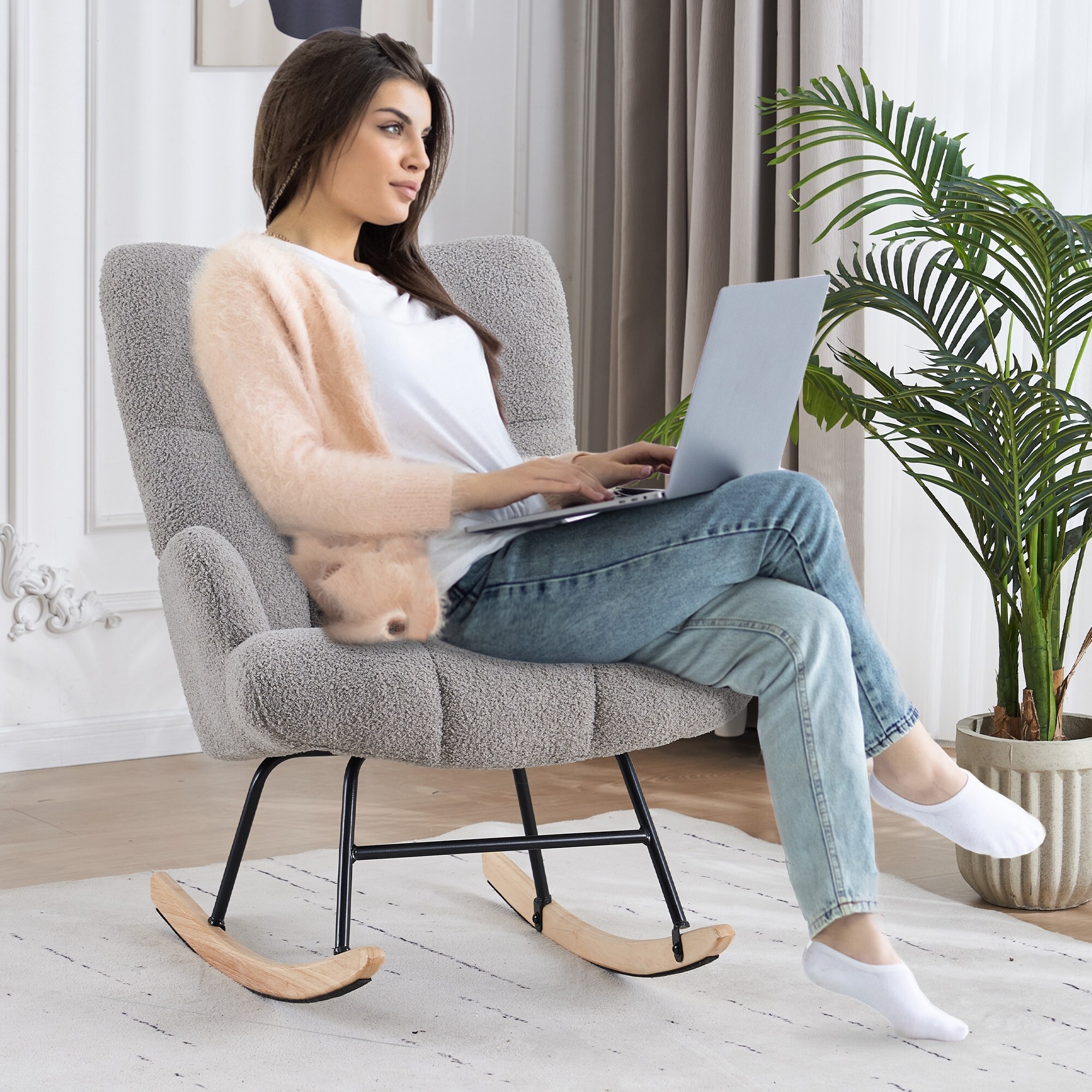 FERPIT Rocking Accent Chair Teddy Upholstered Glider Nursery Accent Chair Padded Seat with High Backrest for Living Room On Sale Bed Bath Beyond 38190930