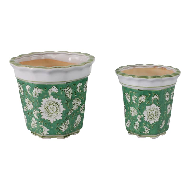Ceramic Planters Embossed Bird Floral Detailing Scalloped (Set of 2)