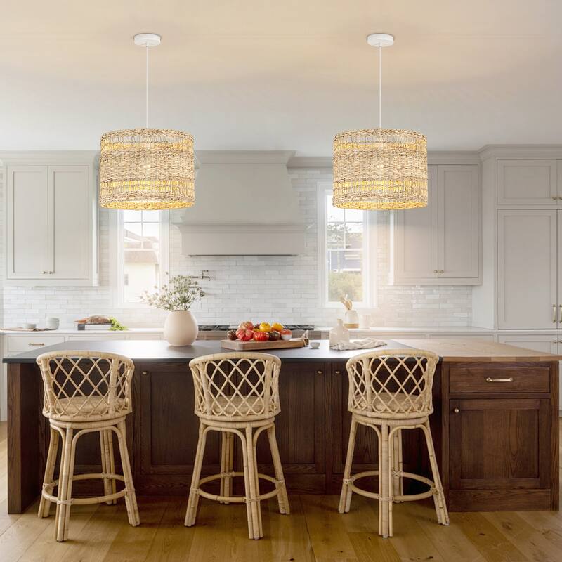 1-Light Boho Coastal Cylindrical Drum Woven Pendant Light with Matte White Finish and Herbaceous Rattan Shade