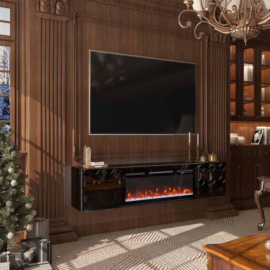 High-Gloss TV Stand with Honeycomb Pattern, Double Door Storage Cabinets, Wall-Mount Entertainment Center Open Shelf