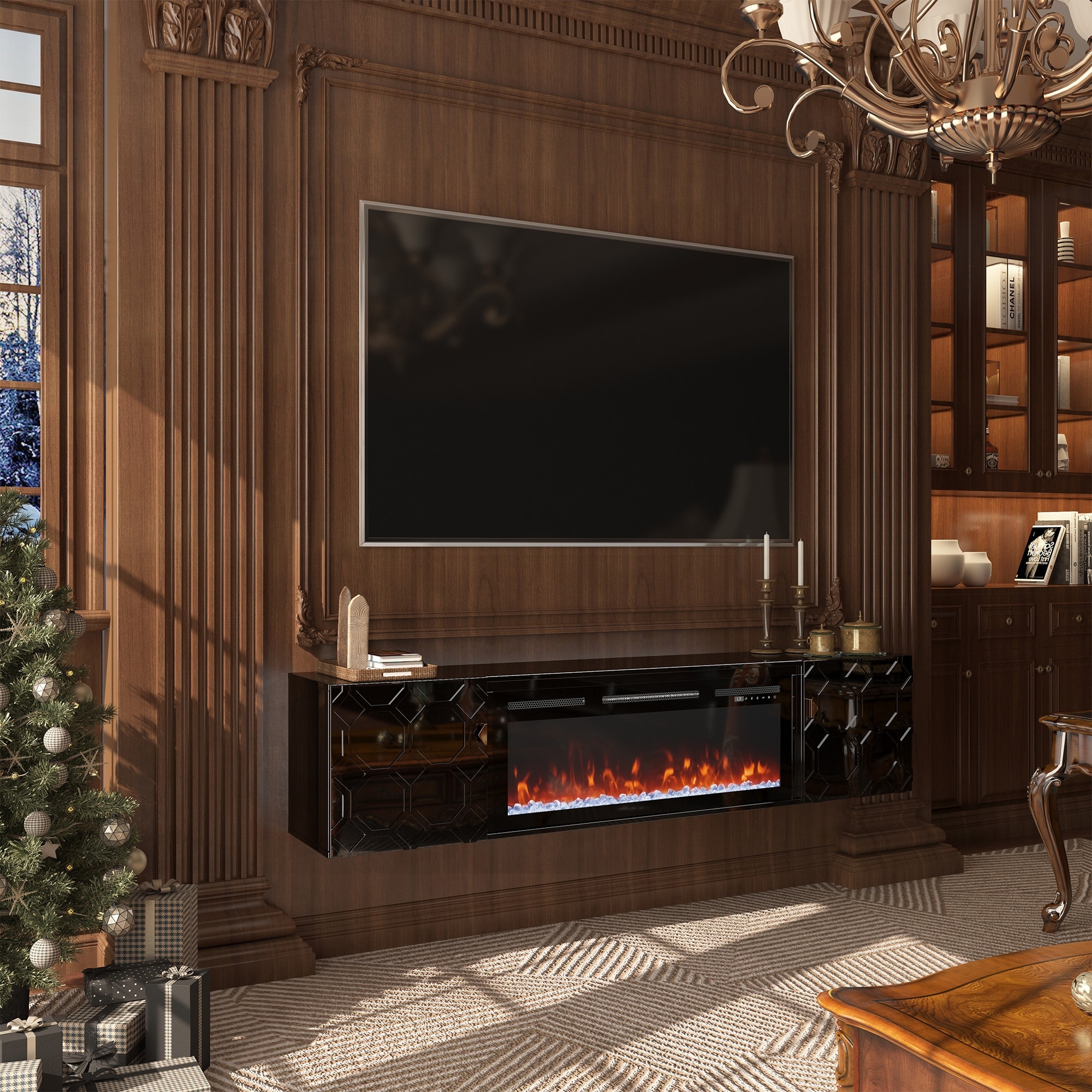 High-Gloss TV Stand with Honeycomb Pattern, Double Door Storage Cabinets, Wall-Mount Entertainment Center Open Shelf