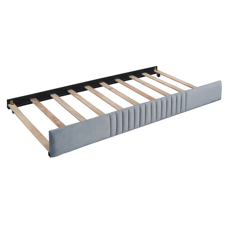 Twin Size Upholstered Daybed Sofa Bed w/Trundle, Wooden Platform Bedframe for Bedroom Living Room Guest Room, Wood Slat Support