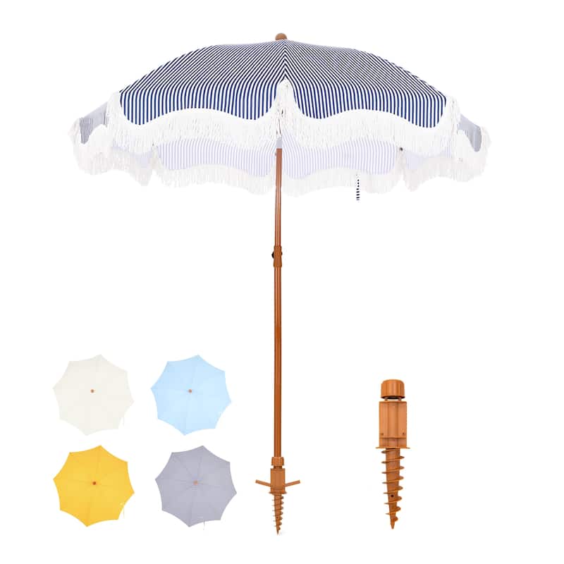 MAISON ARTS 7ft Patio Fringe Umbrella Outdor Tassel Beach Umbrella with Push Botton Tilt UPF50+