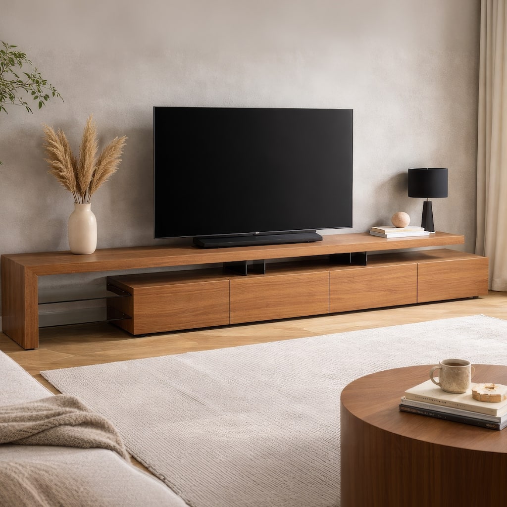 Jonae TV Stand Media Center, 118 Inch Walnut Brown, 2 Shelves, 4 Drawers