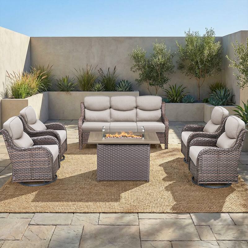 Pocassy Outdoor Fire Pit Sofa Swivel Chairs Conversation Set - Brown Wicker Beige Cushion - 6-Piece Sofa Swivel Chair w/ Fie Pit Table