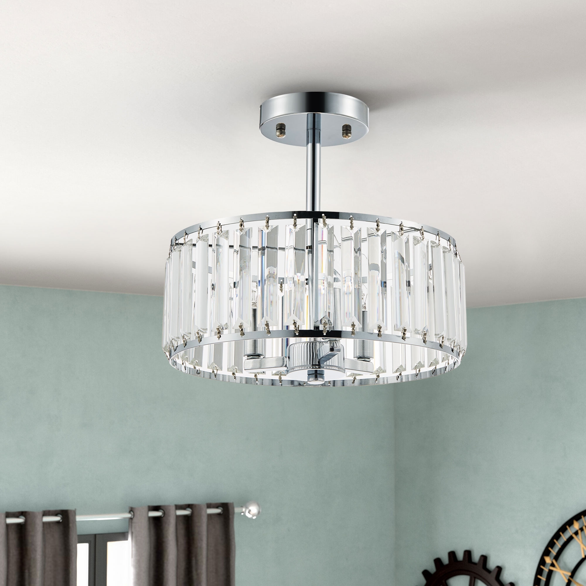 CO-Z 12" Modern 3-Light Crystal Semi Flush Mount Chandelier with Drum Shade