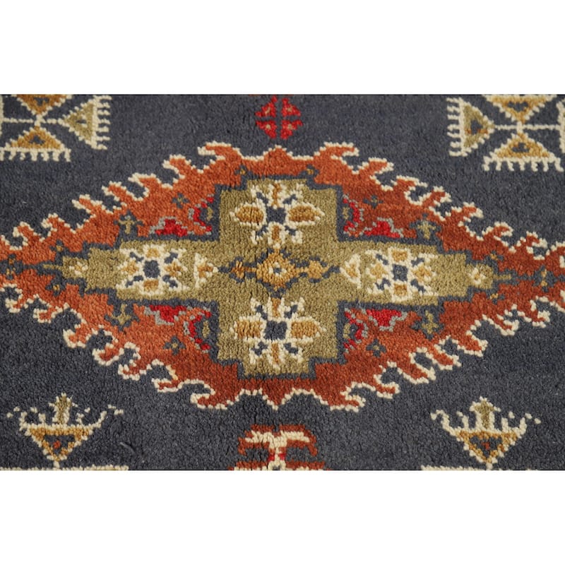 Blue Geometric Viss Indian Area Rug Handmade Wool Carpet - 5'10" x 8'10"