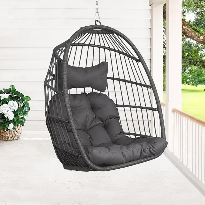 Indoor Hanging Egg Chair Without Stand, 350 lbs Capacity, Wicker Egg Swing Chair with Cushion for Living Room and Bedroom - Dark Grey
