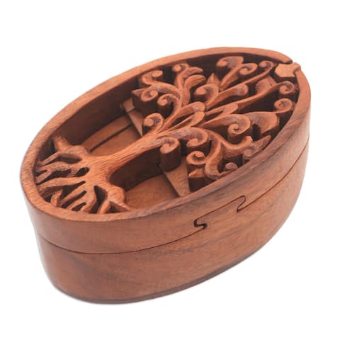 Handmade Tree Oval Wood Puzzle Box (Indonesia) - 2.6" H x 3.1" W x 5.5" D