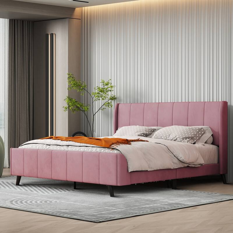 Classic Velvet Upholstered Platform Bed with Centre Support Legs