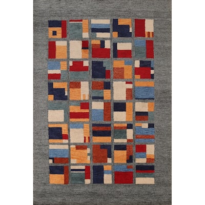 Geometric Grey Modern Indian Area Rug Handmade Wool Carpet - 5'3" x 7'7"