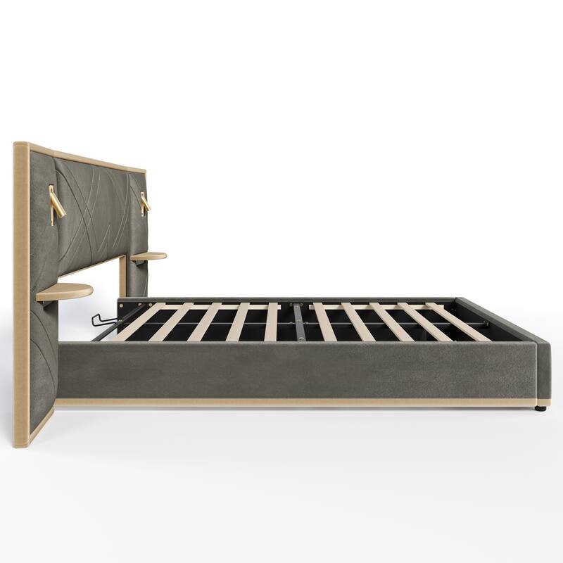 Christopher Knight Home - Voss Velvet Upholstered Bed with 2 Built-in LED Lights and 2 Storage Side Panels