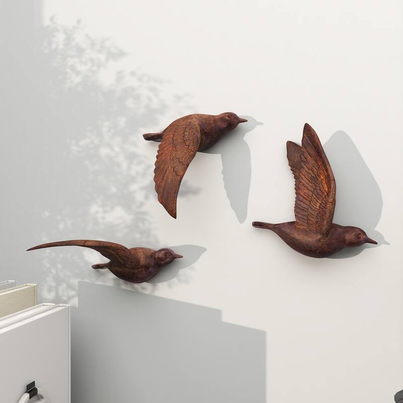 Polystone Weathered 3D Floating Bird Wall Decor (Set of 3) - Dark Brown, Gold, Silver