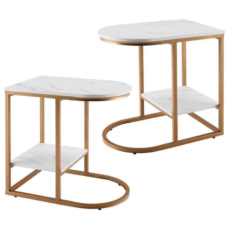 Costway 2Pcs C-shaped Side Table 2-Tier End Table w/ Storage Modern - White + Gold