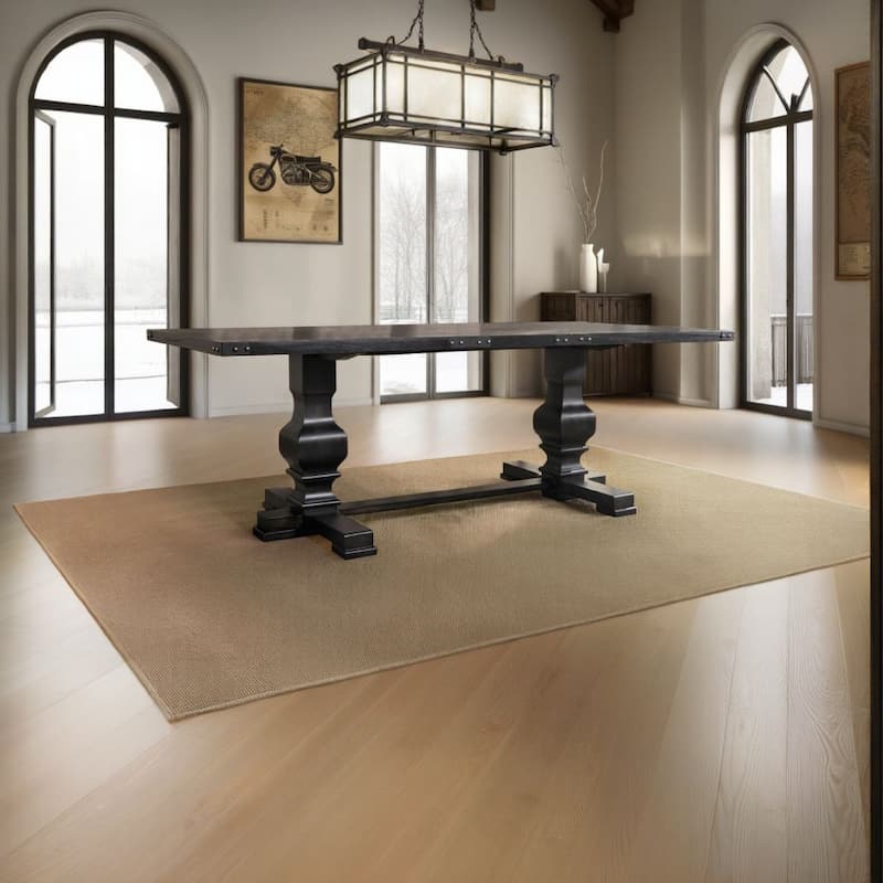 Wooden Rectangular Dining Table With Double Pedestal And Trestle Base, Vintage Black