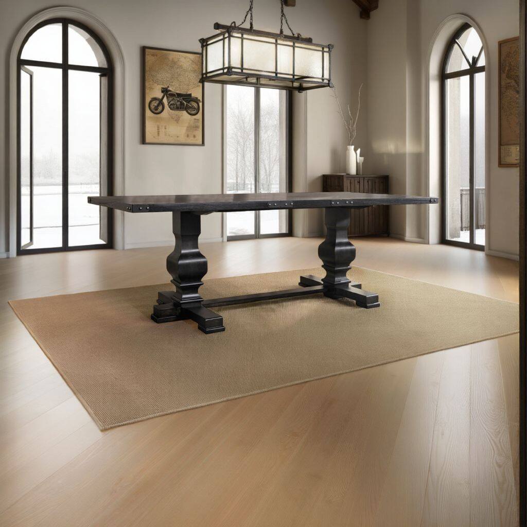 Wooden Rectangular Dining Table With Double Pedestal And Trestle Base, Vintage Black