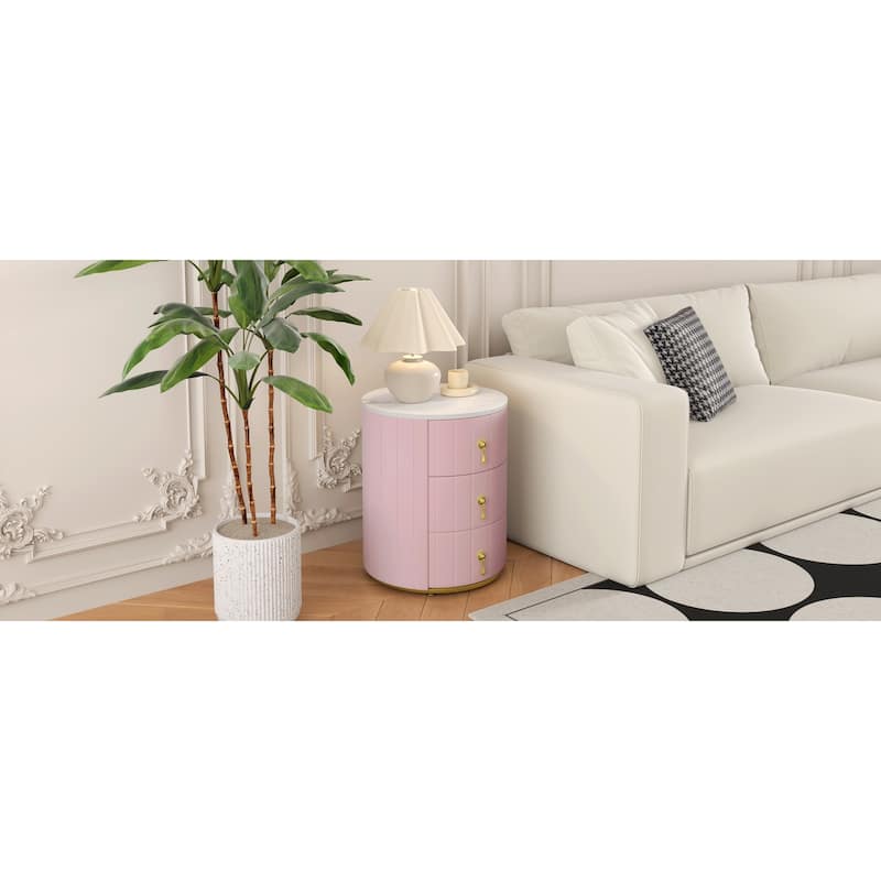 Round Nightstand with 3 Drawers, Velvet Upholstered Storage Cabinet, Sofa Side Table with Marble Table Top & Metal Legs