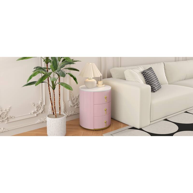 Upholstered 3-Drawer Nightstand - Round Marbling Top Bedside Table (Fully Assembled Except Handles, Pink)