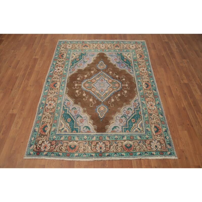 Hand Knotted Oriental 100% Wool Carpet Traditional Floral Brown Tabriz Area Rug - 6' 6'' X 4' 7''