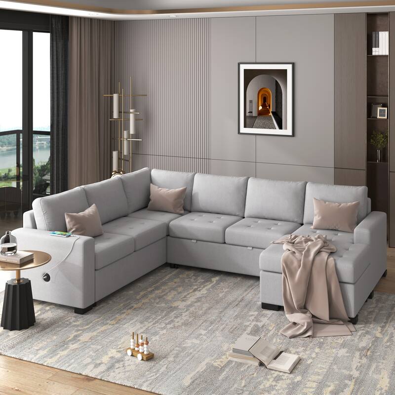 108.3" Polyester Sleeper Sectional Sofa with USB & Type-C