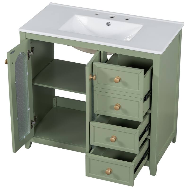 Bathroom Vanity with Ceramic Sink, Bathroom Cabinet with 2 Glass Door and 3 Drawers, Vanity Set with Adjustable Shelf
