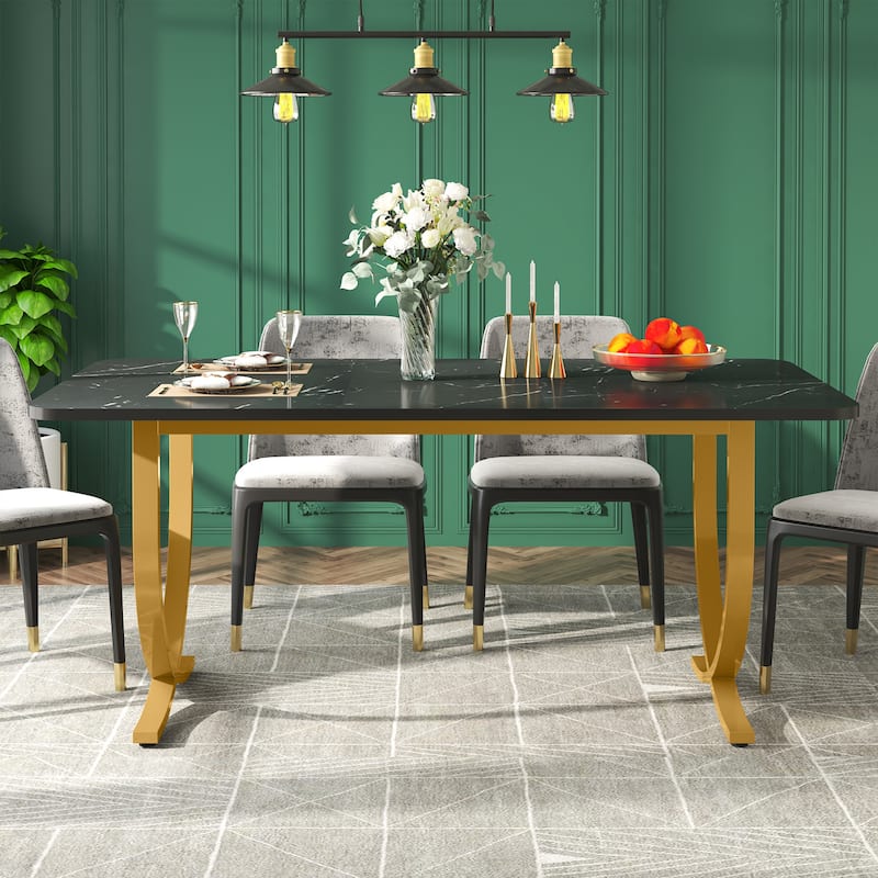 Rectangular Dining Table for 4 to 6, 63 Inch Modern Kitchen Table with Faux Marble Table Top and Metal Legs
