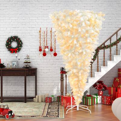 Upside Down White Christmas Tree, Xmas Tree with LED Warm White Lights, Reinforced Metal Base & Easy Assembly 6.6ft