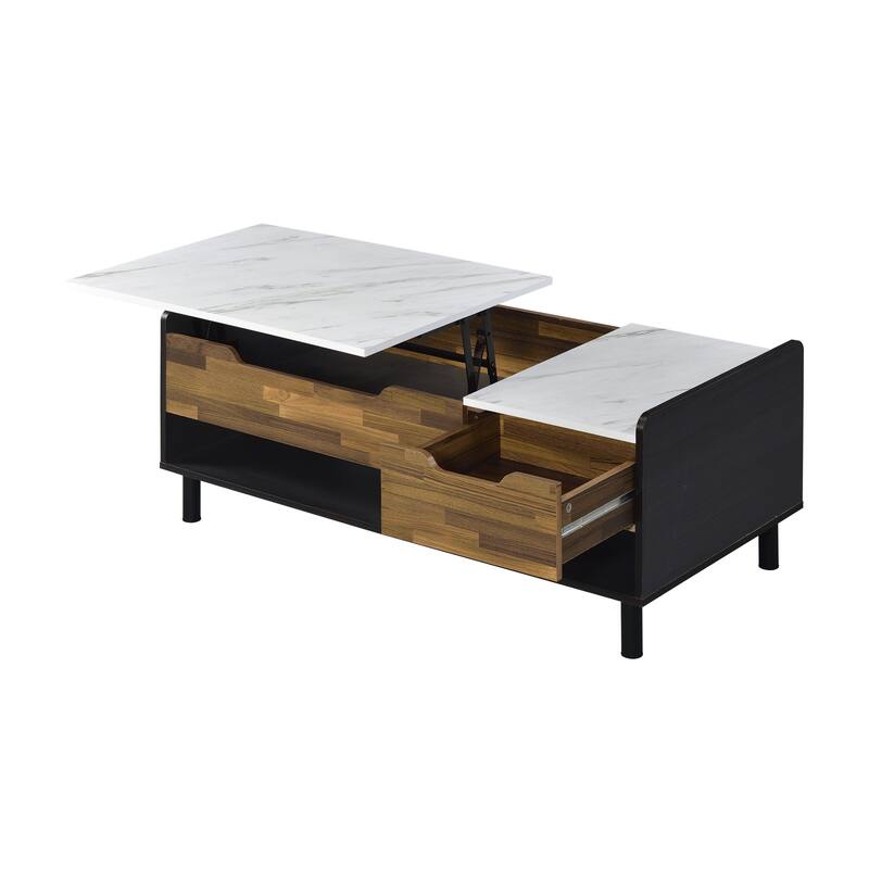 HomeRoots 47" White Black and Brown Faux Marble And Wood Lift Top Coffee Table With Drawer And Two Shelves - 47' X '24' X '24
