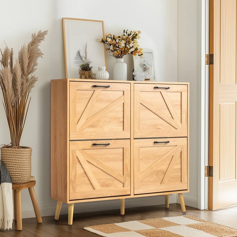 Barn Door 4 Flip Black Handles Melamine Particleboard Shoe Cabinet 41.7In - Beige - 4 Drawers