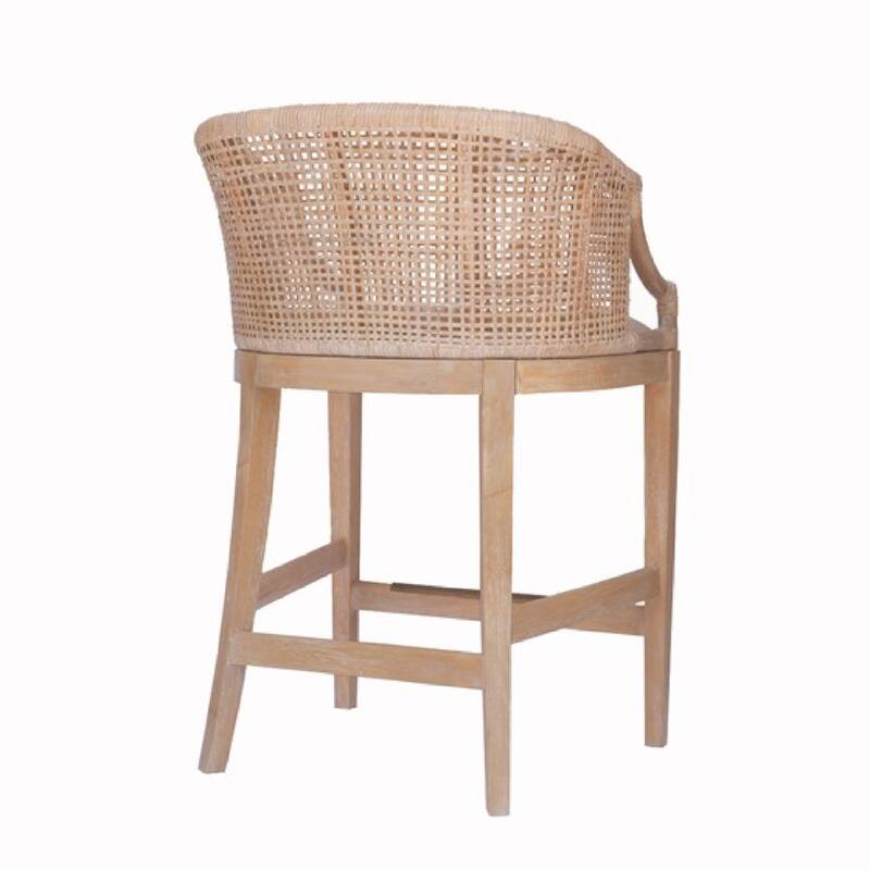 Roomfitters 25-Inch Handcrafted Rattan Counter Stool, Natural Whitewash with Reclaimed Wheat Legs and Bronze Kickplate
