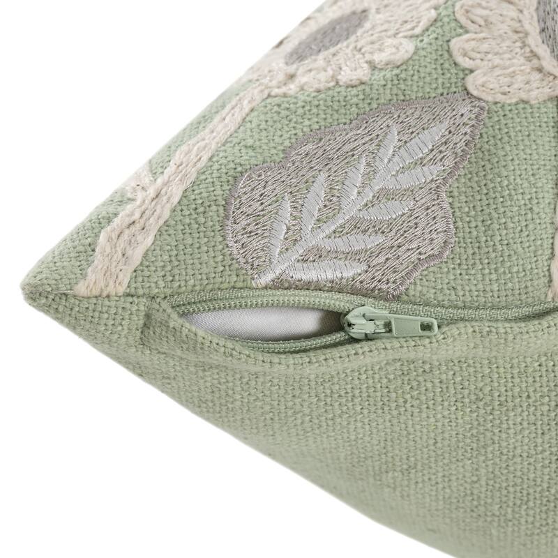 Handwoven Embroidered Floral Square Throw Pillow - 20" - Green and White