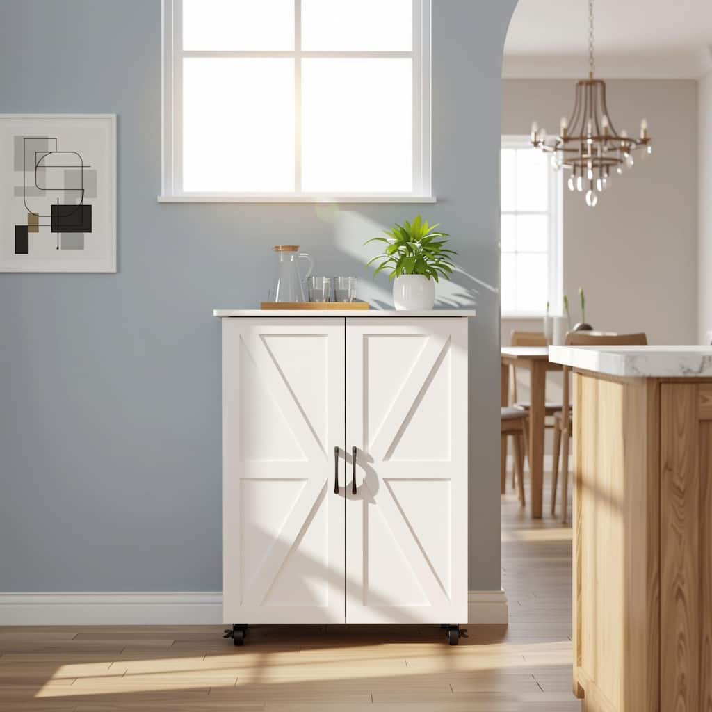 Homy Casa Kitchen Pantry Cabinet Barn Doors Wheels, White Storage