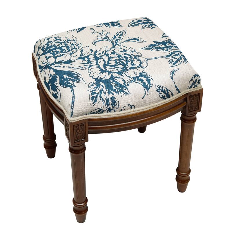 Navy Blue Peony Vanity Stool with wood stained finish