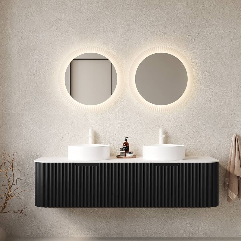 GDFStudio - Dina 60" Floating Bathroom Vanity with Striped Curved Drawers & 2 White Round Ceramic Basins, WITHOUT Faucet
