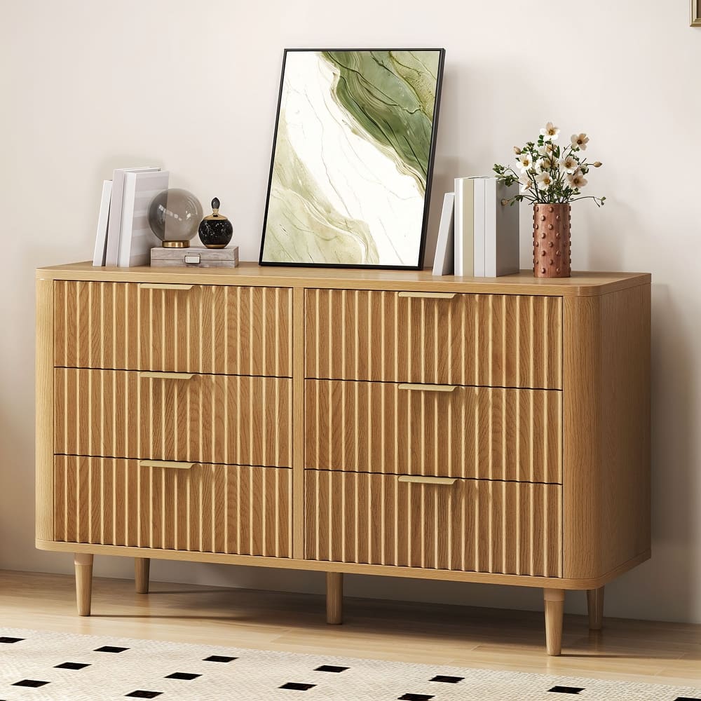 6 Drawer Wood Dresser with Wave Fluted Panel Storage Organizer for Bedroom