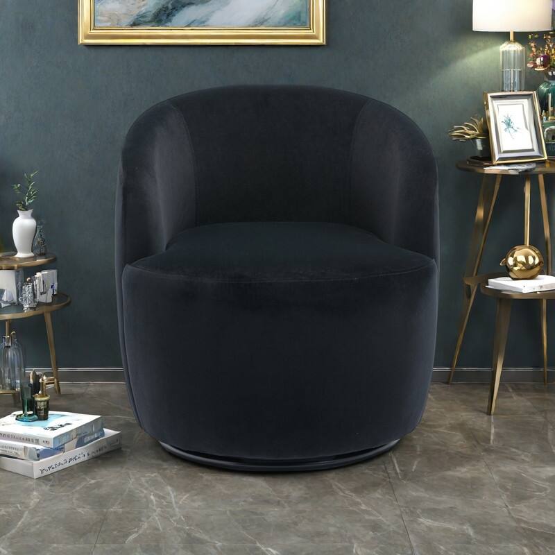 Velvet Swivel Barrel Chair 360° Rotating Accent Chair with Black Metal Base - Black
