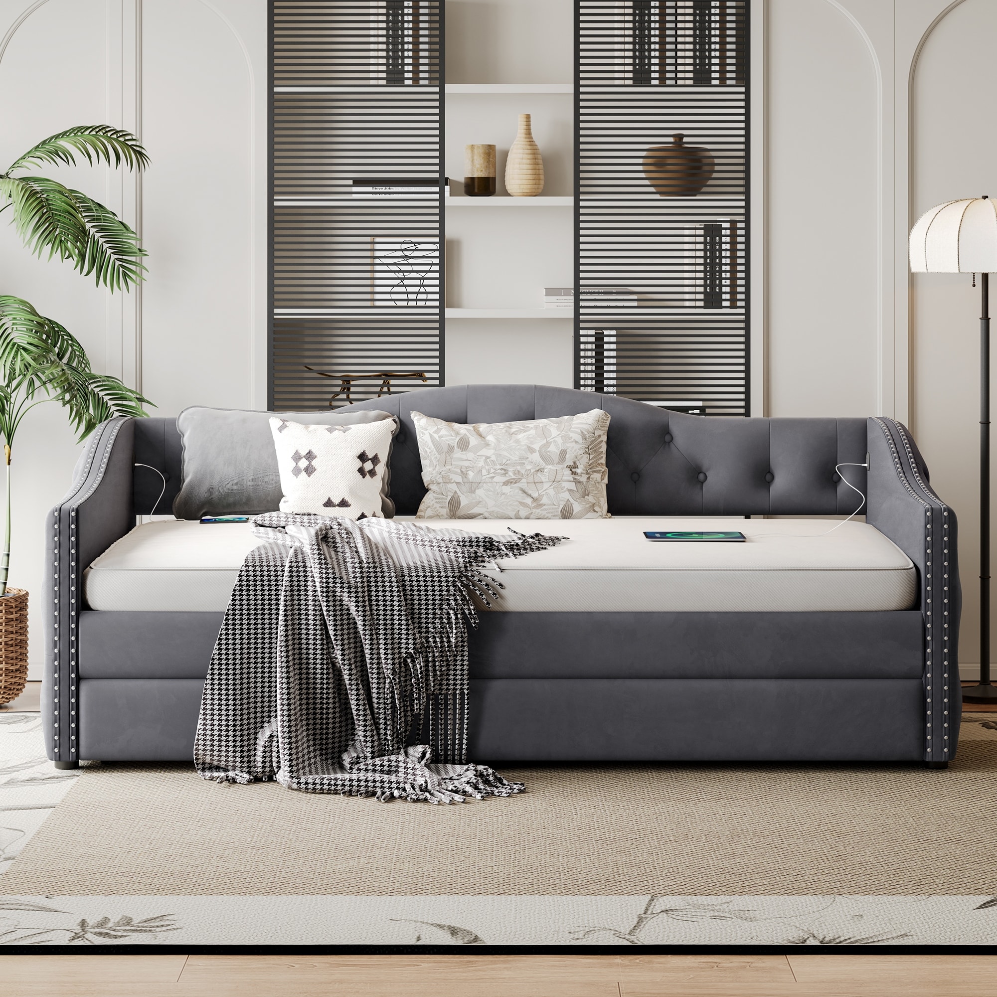 Gray Twin Size Upholstered Daybed Platform Bed Frame with Trundle Bed