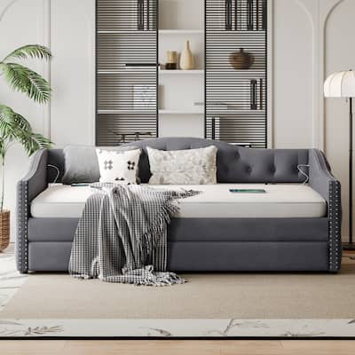 Twin Size Tufted Upholstered Daybed with Trundle, Plush Velvet Fabric Platform Sofa Bed Frame, Wooden Day Bed with USB Ports