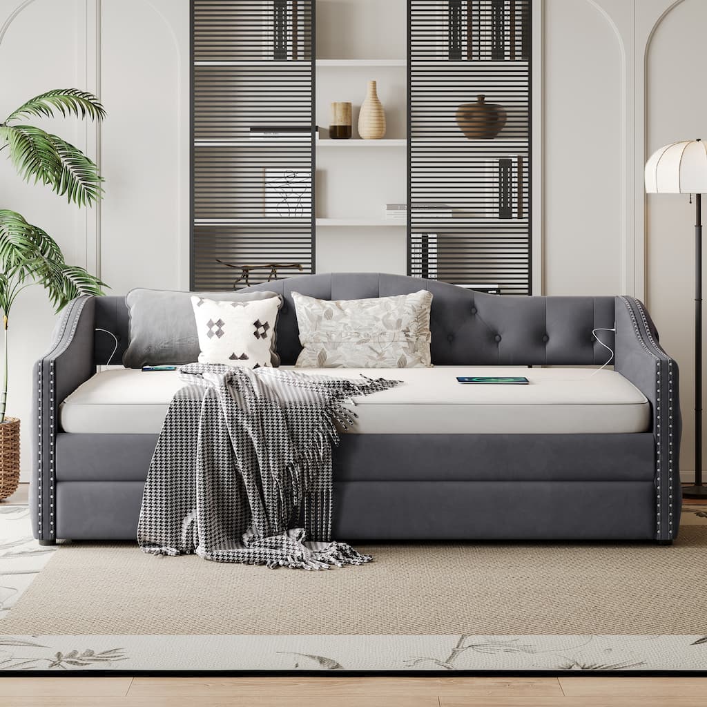 Twin Size Tufted Upholstered Daybed with Trundle, Plush Velvet Fabric Platform Sofa Bed Frame, Wooden Day Bed with USB Ports
