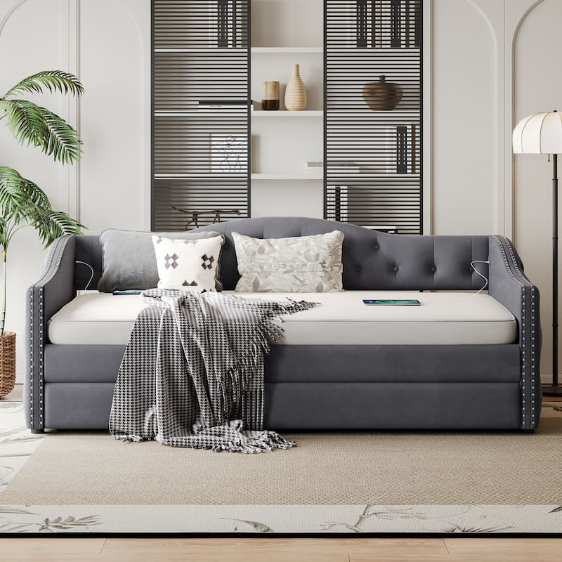 Twin Size Upholstered Daybed with Trundle and USB Charging Design, Sturdy Wood Slat Support, Wood Bed Frame,Plush Velvet Fabric