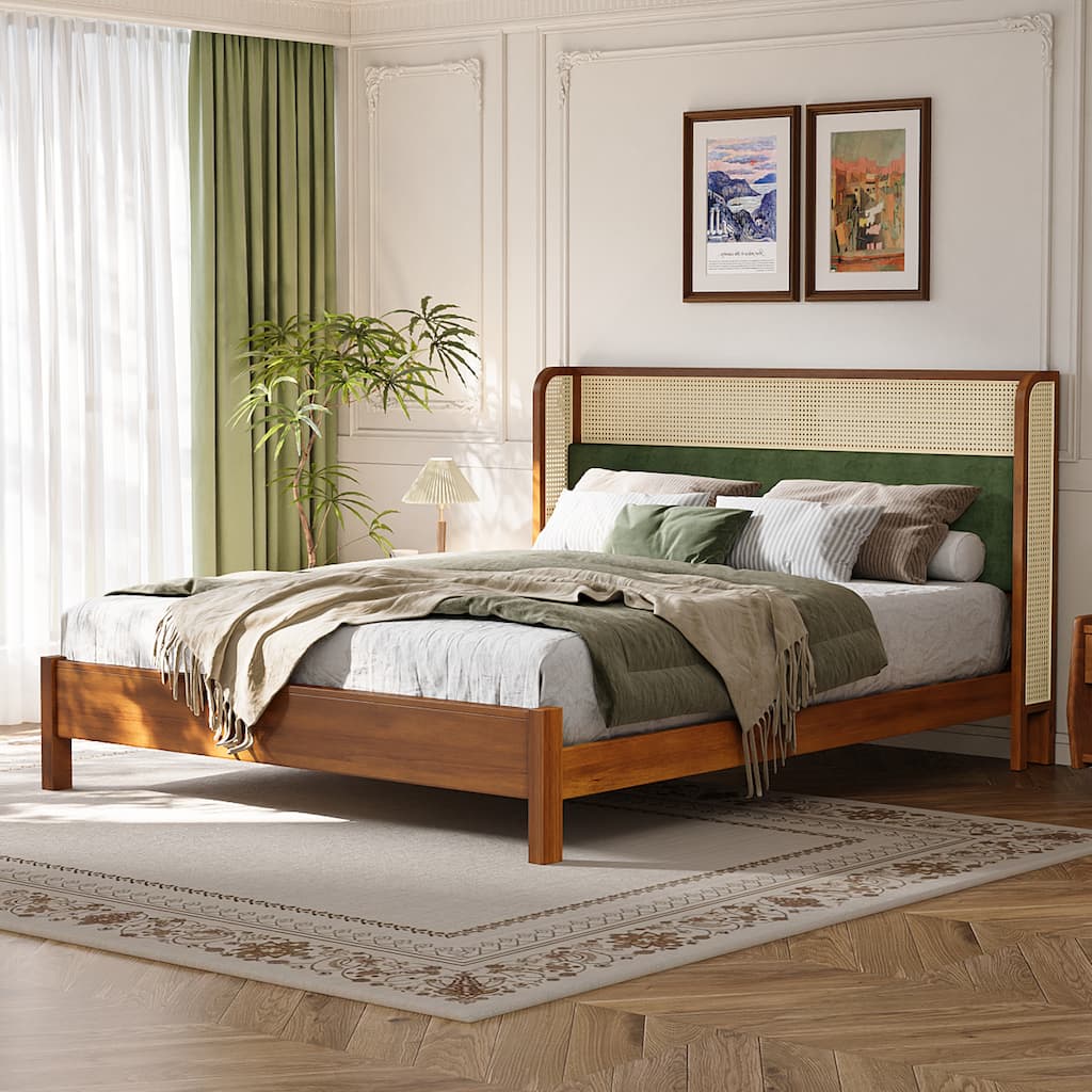 Christopher Knight Home - Mid-Century Upholstered Wood Low-Profile Platform Bed with Rattan Weaving Headboard