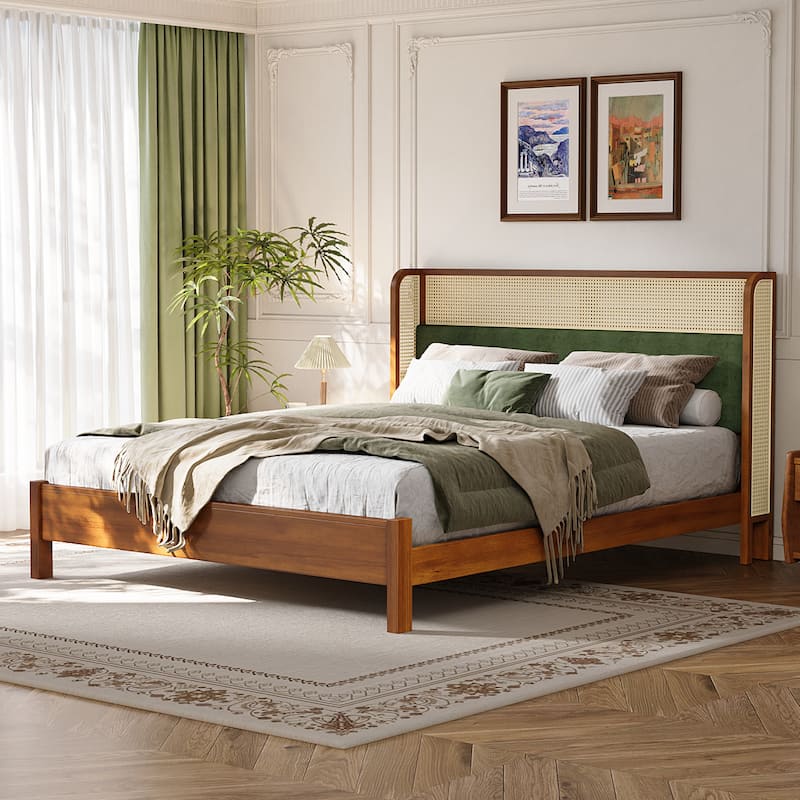 Christopher Knight Home - Mid-Century Upholstered Wood Low-Profile Platform Bed with Rattan Weaving Headboard - Walnut+Green - King