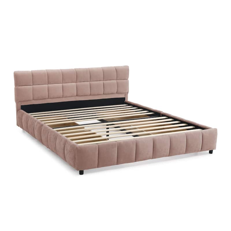 Modern Upholstered Queen Platform Bed Frame w/4 Storage Drawers, Soft Headboard, Grounded Chenille Fabric Bed Frame for Bedroom