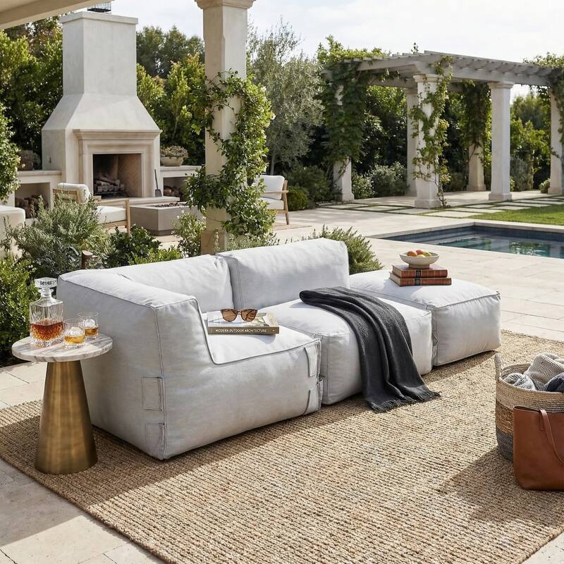 Christopher Knight Home - Nerissa 3-Piece Modular Outdoor/Indoor Bean Bag Sectional Sofa Set with Shredded Foam Filled & Ottoman