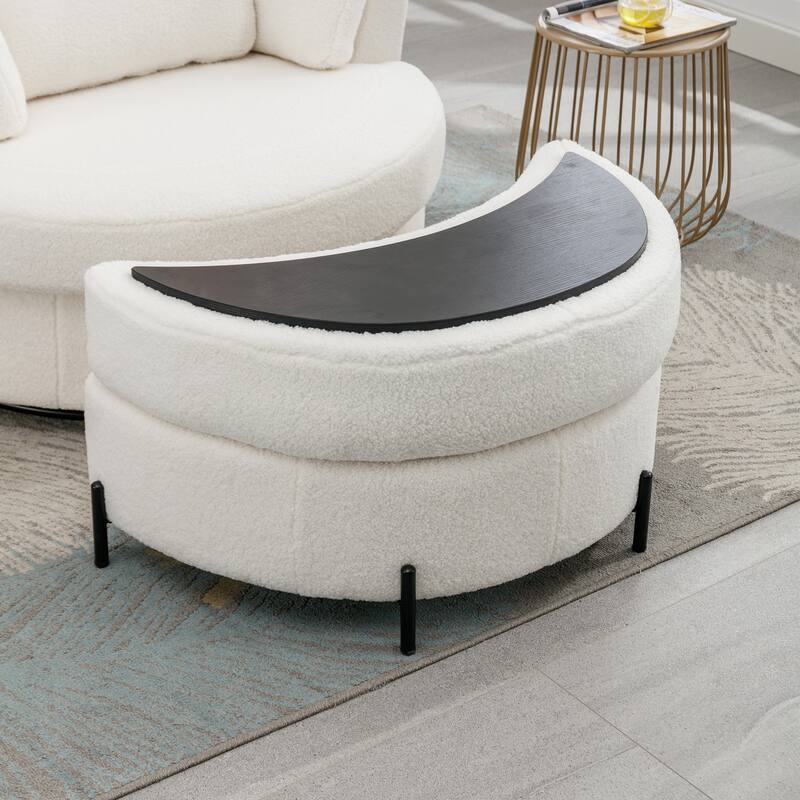 32.7" W Sherpa Upholstered Half Crescent Moon Storage Bench Large Ottoman With Tray Serve As Side Table Soft Padded Seat