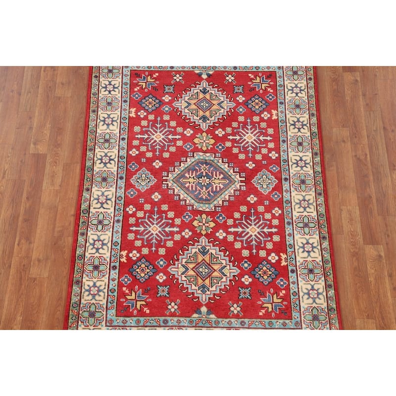 Geometric Red Kazak Oriental Area Rug Bedroom Hand-Knotted Wool Carpet - 3'11"x 6'0"
