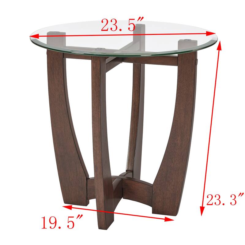 23.5 Inch Round Glass Coffee Table, Cherry Round Coffee Table Center Table With Glass Top, Small Coffee Table
