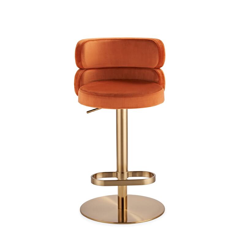 Modern Velvet Bar Stool with Height Adjustment and 360-Degree Swivel - Gold/Orange