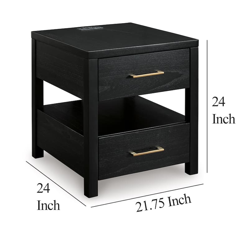 Wendy Side End Table, Open Cubby, Dual USB Ports, 24 Inch Black Wood